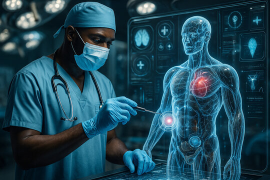 AI generated digital medical art showing surgeon interacting with holographic human body highlighting heart and organs in futuristic high tech atmosphere
