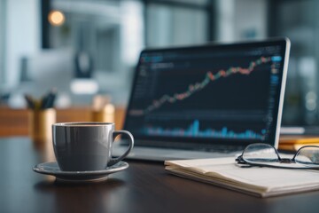Young professional analyzing financial charts on a laptop, coffee cup and notebook on desk, modern office background, focused and motivated, realistic photography