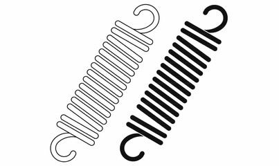Vector illustration of metal coil springs with hook ends, shown in outline and solid style. Mechanical part icon, used in engineering, automotive, tools,design.