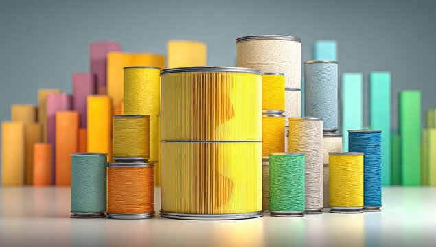 Colorful cylindrical objects, possibly containers or spools, arranged on a reflective surface, amongst colorful bar graphs