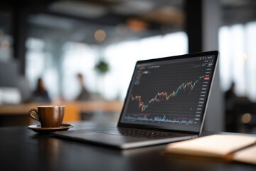 Young professional analyzing financial charts on a laptop, coffee cup and notebook on desk, modern office background, focused and motivated, realistic photography