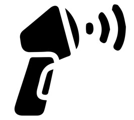 A black silhouette of a handheld wireless scanner emitting radio waves.