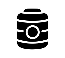 A simple, black and white illustration depicting a cylindrical container with a circular design.