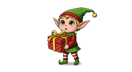 Cute Elf Child Holding Gift Box Wearing Green Hat Red Outfit Christmas Scene