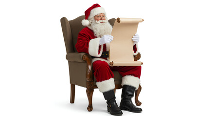 Santa Claus Sitting in Armchair Reading Scroll in Festive Costume