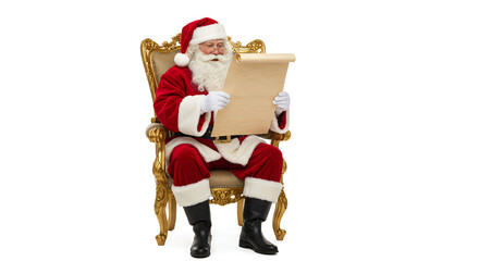 Santa Claus Sitting on Ornate Gold Chair Reading Scroll in Festive Red Suit with Santa Hat and Black Boots