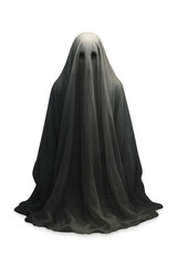 Eerie dark grey ghost figure draped in flowing fabric with empty dark eye sockets a spooky apparition isolated on transparent background