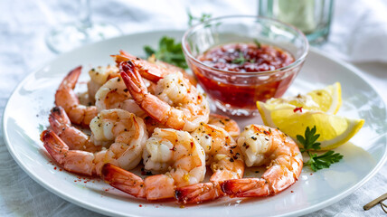 Grilled shrimp served with a side of tangy cocktail auce