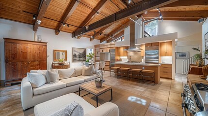 Bright open concept living room and kitchen in a modern luxury home design