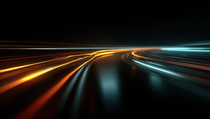 Abstract, vibrant,  speed lines of orange and teal light streaking across a dark, tunnel-like path
