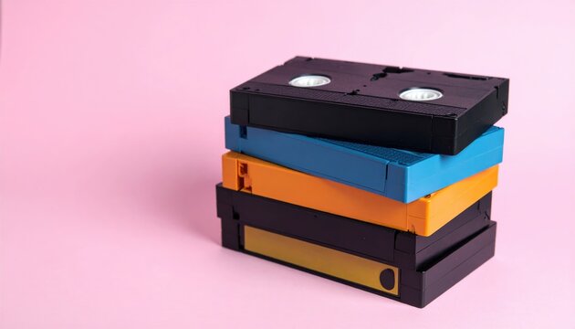 Stacked VHS tapes in black, blue, and orange hues against a soft pink background, portraying vintage media storage