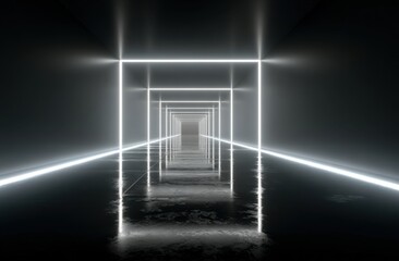 Futuristic tunnel with glowing white lines.  Dark walls and floor reflect the light