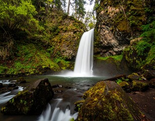 Lush waterfall cascading down mossy rocks