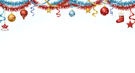 Festive Holiday Decorations with Red Blue and Gold Ornaments and Tinsel on White Background