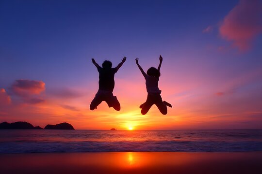 Asian Lifestyle senior couple jumping on the beach happy in love romantic and relax time.  Tourism elderly family travel leisure and activity after re