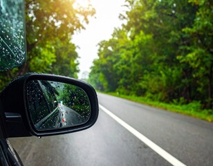 clean raindrops on the car window and driving in rain on the road with a view from car window, AI Generated image