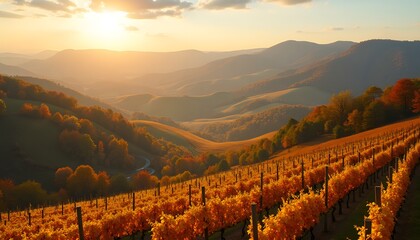 Scenic vineyard in autumn at sunset
