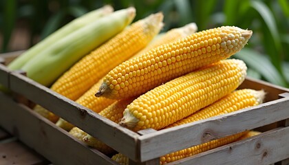 Fresh corn cobs in a wooden crate

