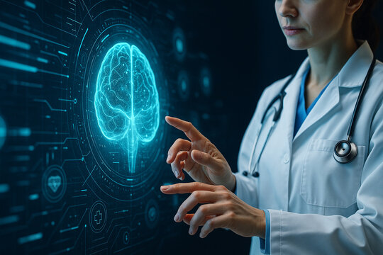 AI generated digital illustration shows a doctor interacting with a glowing 3D holographic brain and medical data interface highlighting future healthcare innovation