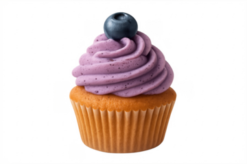 Delicious blueberry cupcake with purple frosting on transparent background