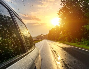 Clean raindrops on the car window and driving in rain on the road, AI Generated image