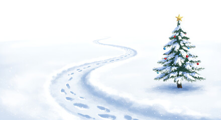 Decorative Christmas Tree in Snowy Landscape with Footprints and Star Topper
