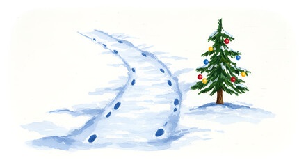 Watercolor Christmas Tree with Colorful Ornaments on Snowy Landscape