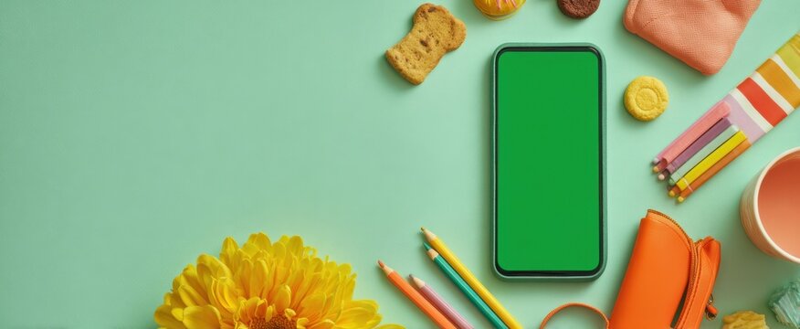 The smartphone surrounded by colorful stationery and snacks on a pastel background.