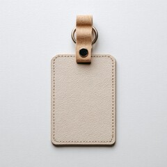 A light beige rectangular leather keychain tag with a tan leather loop and silver ring hangs against a white background. Stitching details are visible around the edges