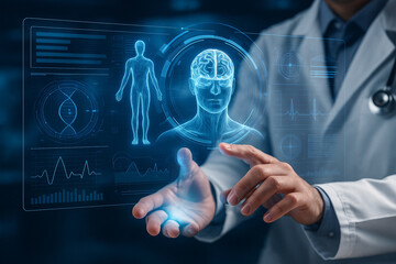 AI generated futuristic medical scene showing doctor interacting with glowing holographic brain and human body surrounded by digital health data interface