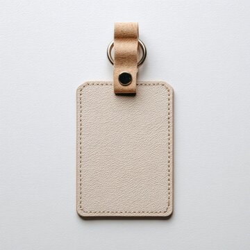 A light beige rectangular leather keychain tag with a tan leather loop and silver ring hangs against a white background.  Stitching details are visible around the edges