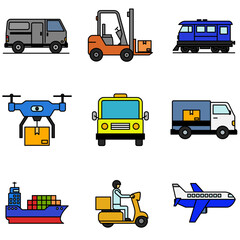 Flat vector icon set of logistics and transportation including delivery van, forklift, cargo train, drone delivery, school bus, courier truck, container ship, motorbike courier, and airplane