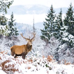 Fototapeta premium Majestic stag standing in snowy forest landscape