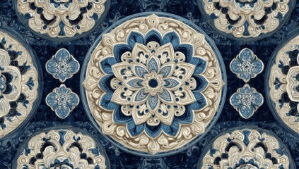 Obraz premium Intricate, layered circular patterns in cream, blue, and dark-blue