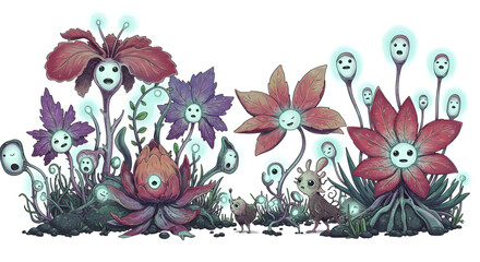 Whimsical Fantasy Plants with Faces and Small Creatures in Surreal Garden Scene