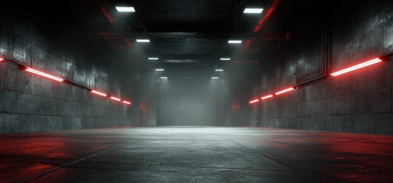 Dark, industrial tunnel with red neon accents