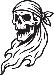 Skull with Bandana: A striking illustration showcasing a skull adorned with a bandana, a symbol of defiance and adventure, a bold statement in stark black and white.