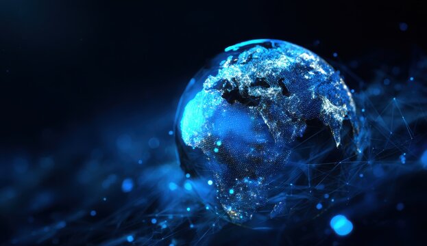 A glowing, digital Earth.  Networks and light traces encircle the globe - Powered by Adobe