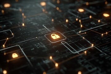 Abstract circuit board with security lock icon