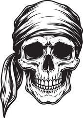 Skull Illustration with Headscarf: A detailed black and white illustration of a skull adorned with a flowing headscarf, exuding a sense of mystery and a touch of rebellious charm.