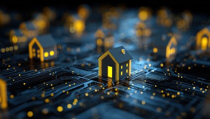 Miniature houses on a complex circuit board, illuminated with warm light.  Abstract and technological representation of homes, connected digitally