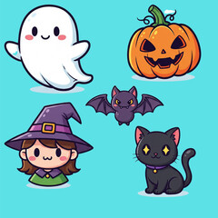 Naklejka premium Cute Chibi Halloween Icon Pack – EPS Vector Set of Ghosts, Pumpkins, Cats, and Witches