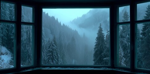 Looking through open window to foggy winter forest and distant mountains, dark grey color tones with soft light, hyper realistic wide view creating atmospheric cold season landscape scene