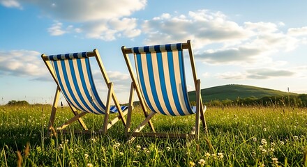 Two striped deck chairs in a grassy field beach chairs