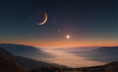 Alien landscape at dawn, with a crescent moon-like planet and distant sun