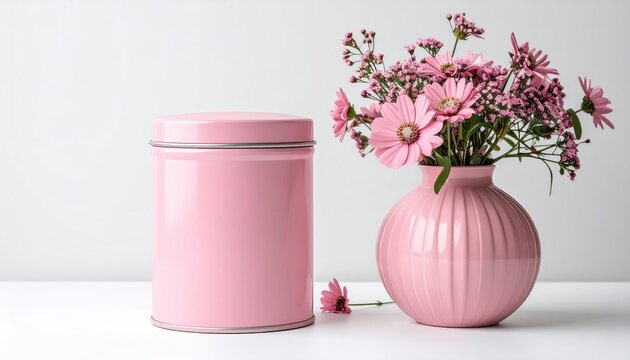 Pink can next to a pink vase with pink flowers on a white surface against a white background - Powered by Adobe