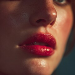 Naklejka premium Bold lip color close up under vibrant lighting authentic teaching moment realistic human expression natural soft lighting shallow DOF cinematic tone photorealistic DSLR photo 85mm lens professional