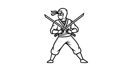 Cartoon Ninja Warrior with Crossed Swords Line Art.