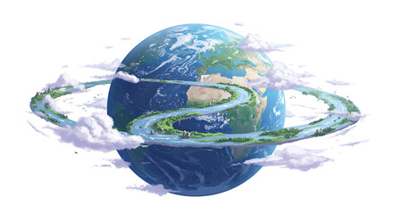 Earth Globe with Circular Green Roads and Clouds in Artistic Digital Illustration