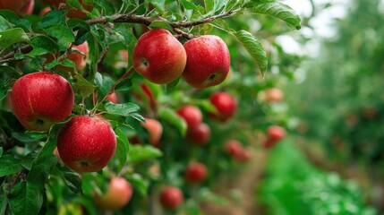 Bright red apples dangle from branches in a thriving orchard, surrounded by lush green leaves. The warm sun illuminates the bountiful harvest, signaling harvest time in the fall.